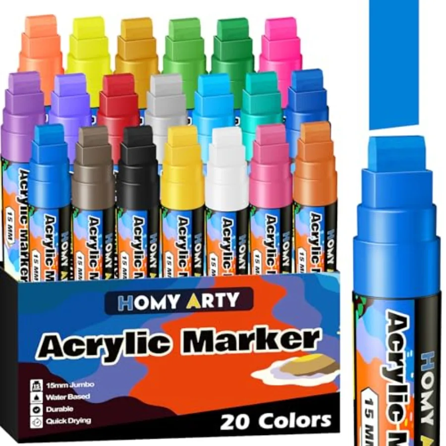 

Acrylic Paint Markers 20 Colors, 15mm Jumbo Tip, Waterproof and Permanent Paint Pens for Stones, Signs, Poster Marker for Calli