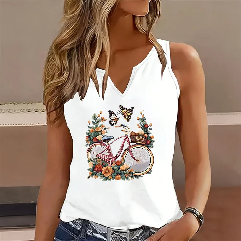 Summer Sleeveless Tank Top T-shirt V Neck Retro Floral Butterfly with Bicycle Vest T Shirts Women Funny Tee Shirt V-Neck