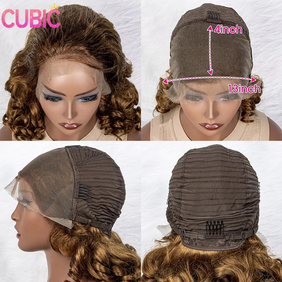 CUBIC-Bouncy Curly Lace Front perucas de cabelo humano para mulheres, peruca virgem frontal, onda real, marrom, marrom, alta densidade, 13x4, 250 densidade, primavera