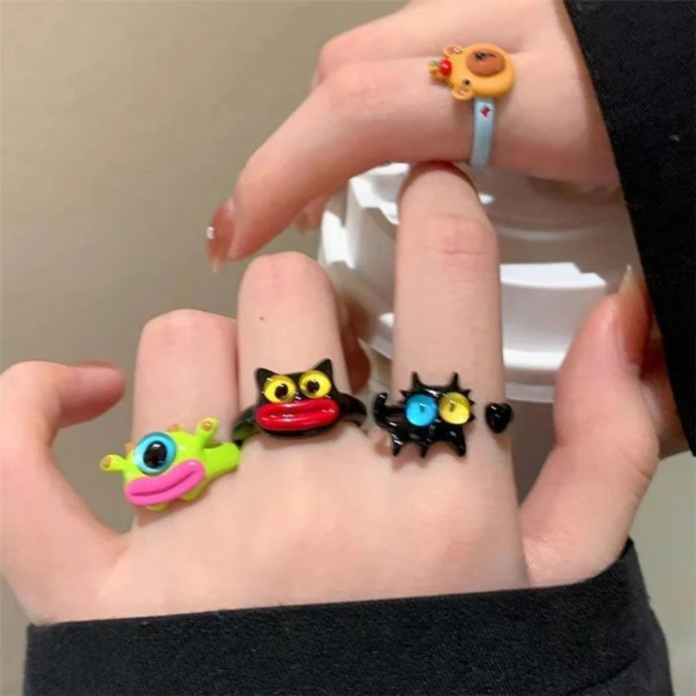 48 Styles New Big Eyes Cute Ring Punk Colorful Monster for Women Fashion Sweet Cat Eye Open Couple Ring Party Finger Accessories