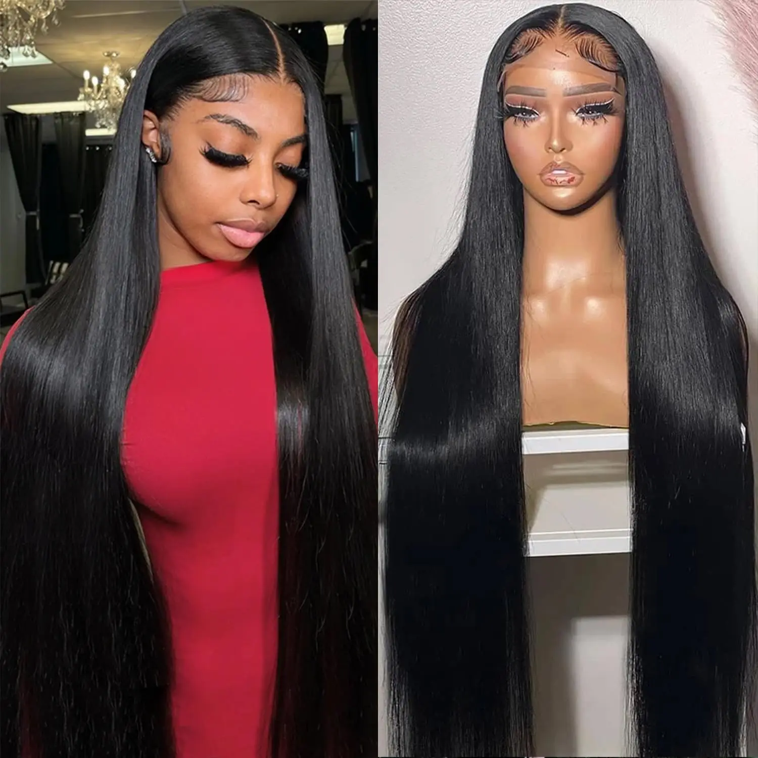 HD 40 inch Straight 13x6 Human Hair Lace Frontal Wigs 180 Density Remy PrePlucked 13x4 Lace Front Wig For Women