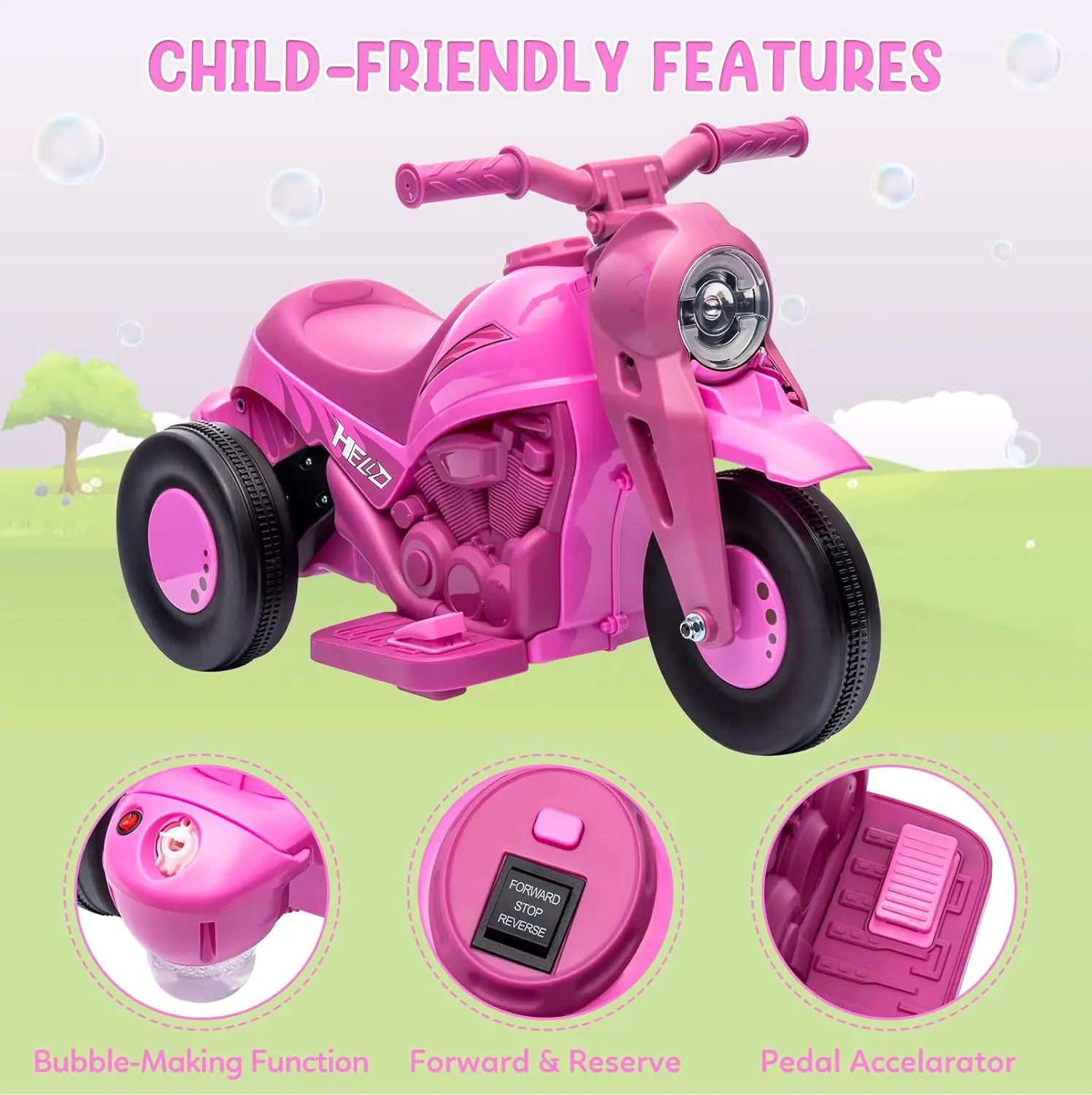 3-Rad Kinder Elektro-Motorrad mit Blasenfunktion, 6V Batteriebetriebenes Aufsitz-Motorrad-Spielzeug mit LED-Scheinwerfern, Musik, Pedal