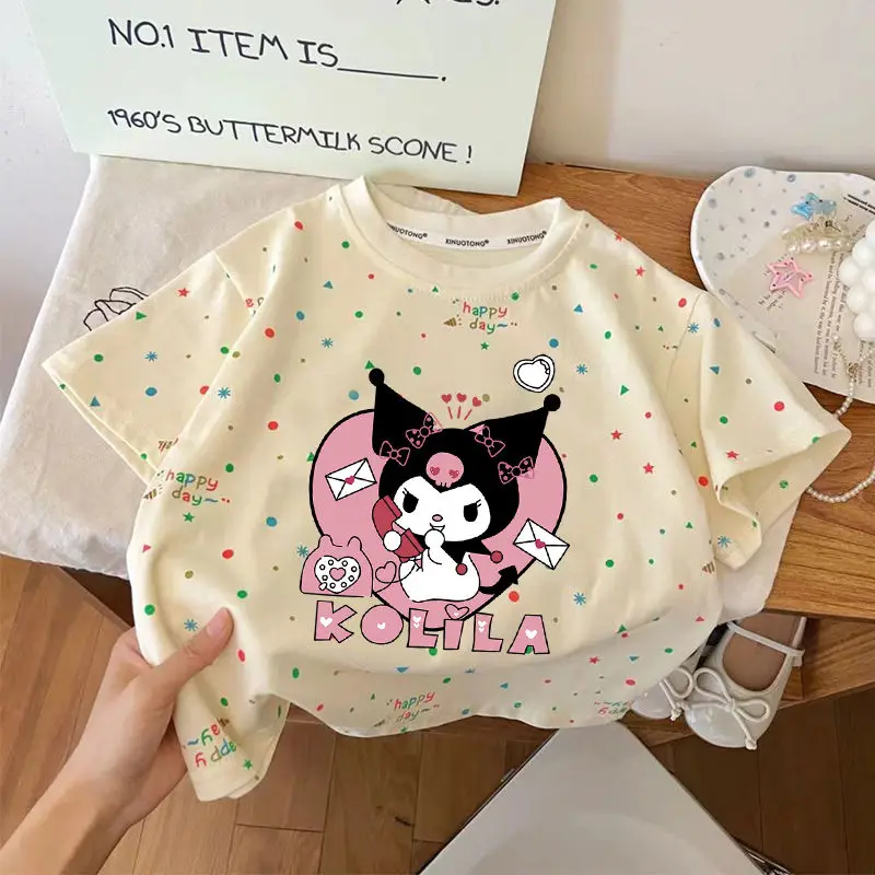 

1 2Pcs Kuromi Girl T-Shirt Kawaii Sanrio Anime Short Sleeve Summer Sweet Cute Thin Breathable Babys Print Top Tide Gift for Kid