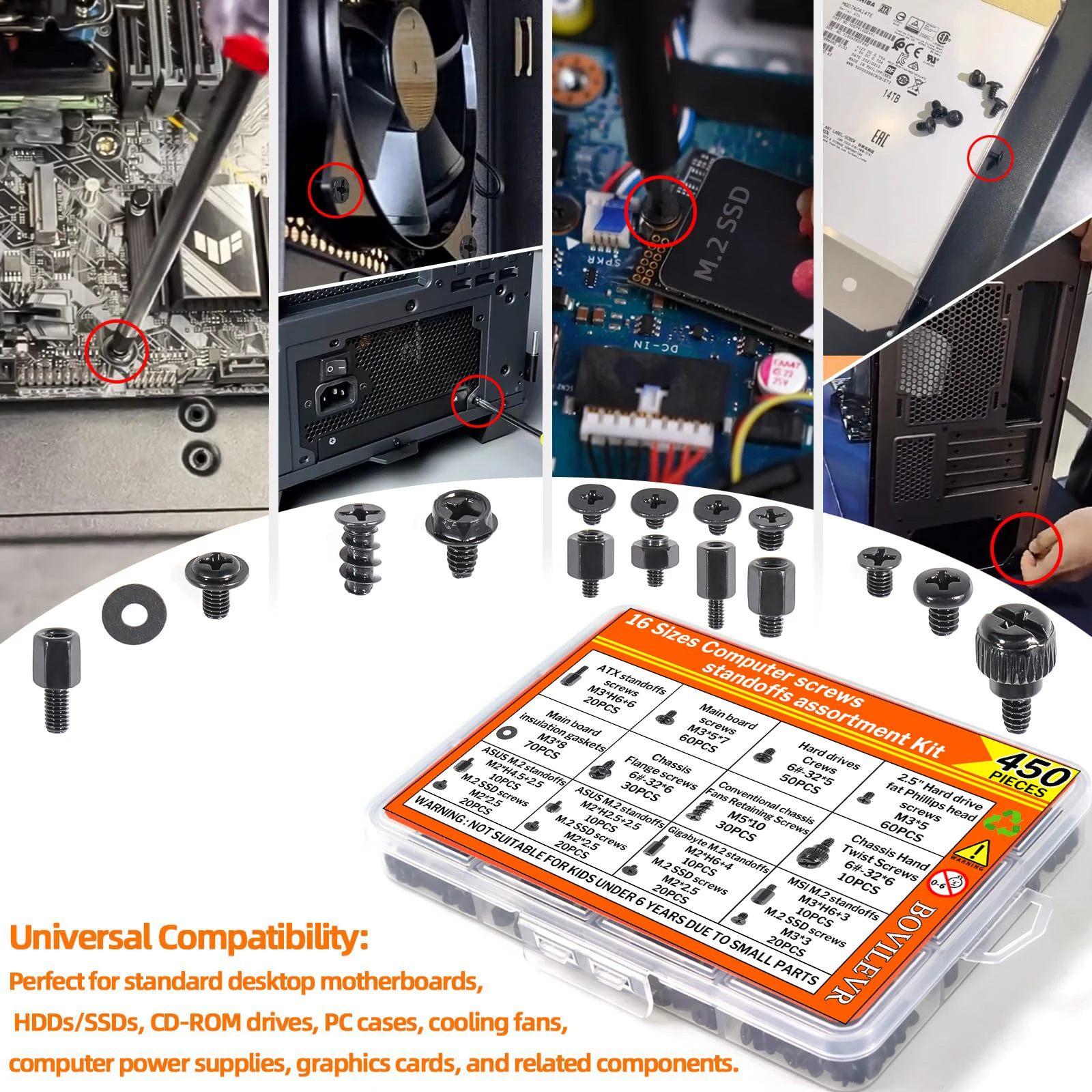 450Pcs Computer Screw Kit for PC Build & Repair, M.2 SSD Mounting, Motherboard Standoff, Case/SSD/HDD/Fan Screws All-in-One image 4