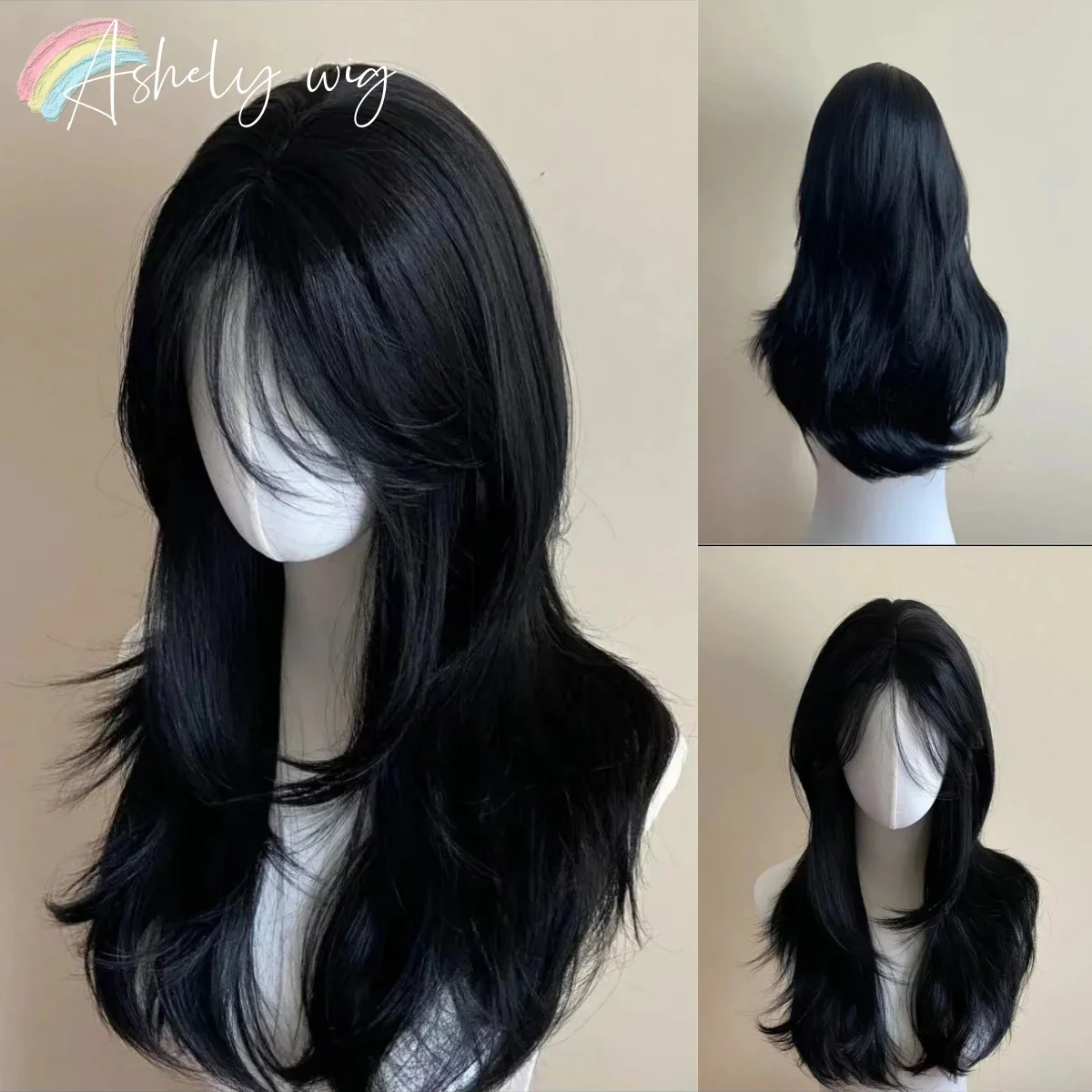 Black Wig Female Headband Body Wavy Rose Hair Net Models in French Bangs High Level Simulation Hair Wig 가발