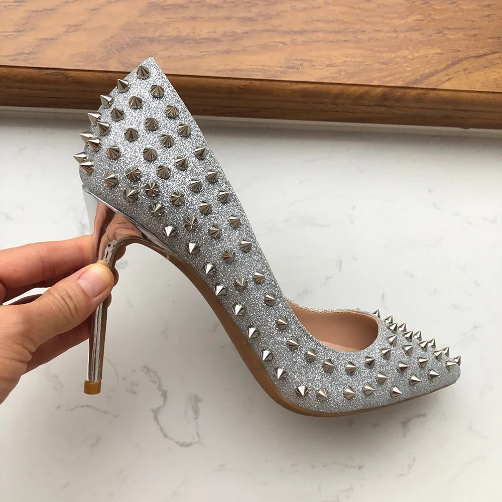 

Tikicup 2025 Glittle Silver Women Sexy Spikes Pointy Toe 8cm 10cm 12cm High Heel Party Shoes Slip On Stiletto Pumps For Woman