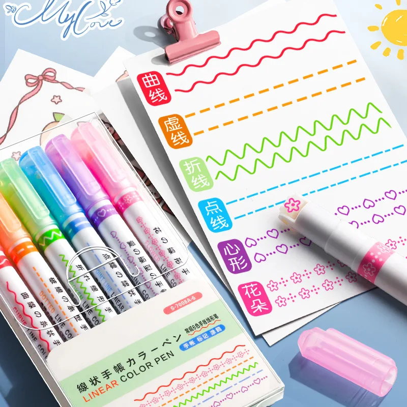 6-teiliges Set Kawaii Blumen-Linienform-Textmarker mit Rollspitze für Schreiben, Journaling und Zeichnen