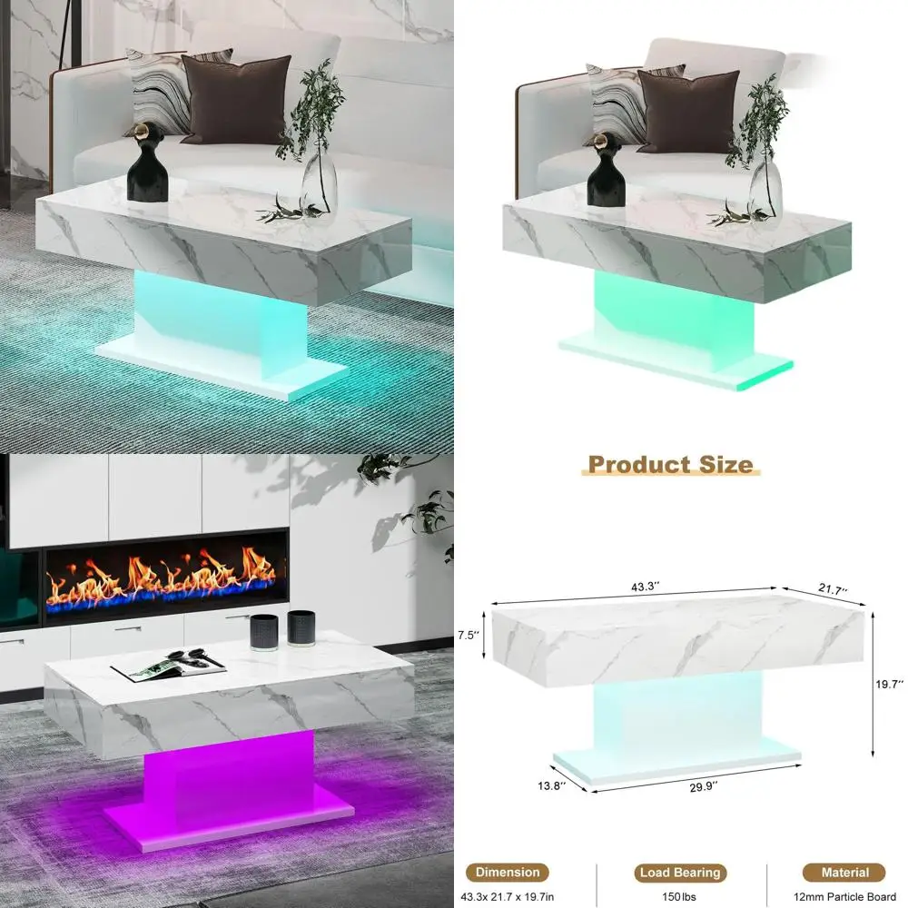 Modern Rectangular LED Coffee Table with 16 Color Options for Living & Dining Rooms, White Marble Top