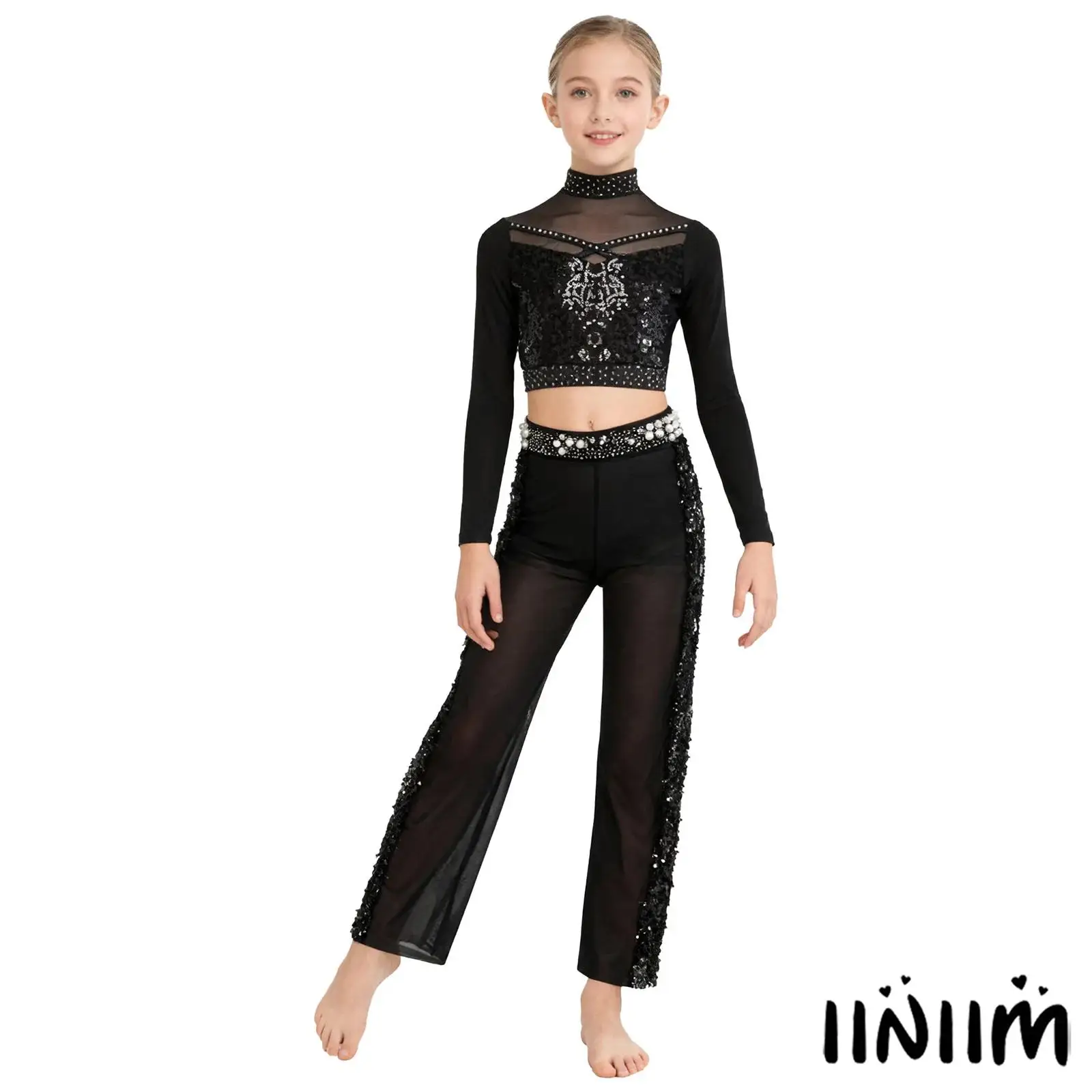 

Kids Girls Jazz Latin Dance Costume Mock Neck Long Sleeve Shiny Sequin Crop Top with Sequins Pants for Figure Skating Dance Show
