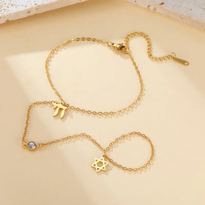 Jüdischer Davidstern Hebräischer Buchstabe Chai Fingerarmband Edelstahl Verstellbares Hexagramm Zirkon Armbänder Amulett Schmuck – Detail 4