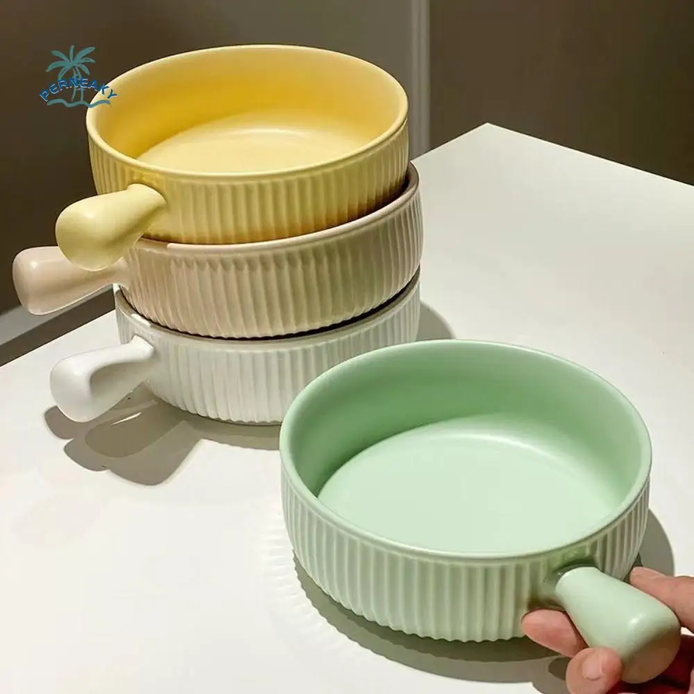 

Microwave Safe Handle Ceramic Baking Bowl Heat-resistant Stackable Large Ramekin Bowls Stripes Anti-scald Kid Pudding Cup Oven