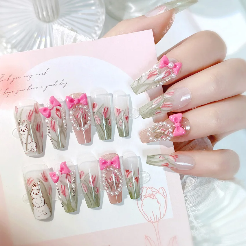 Medium Length Fake Nails 3D Flower Pearl Designs Nude Pink Color Press on Nails Ballerina False Nails for Women DIY Manicure