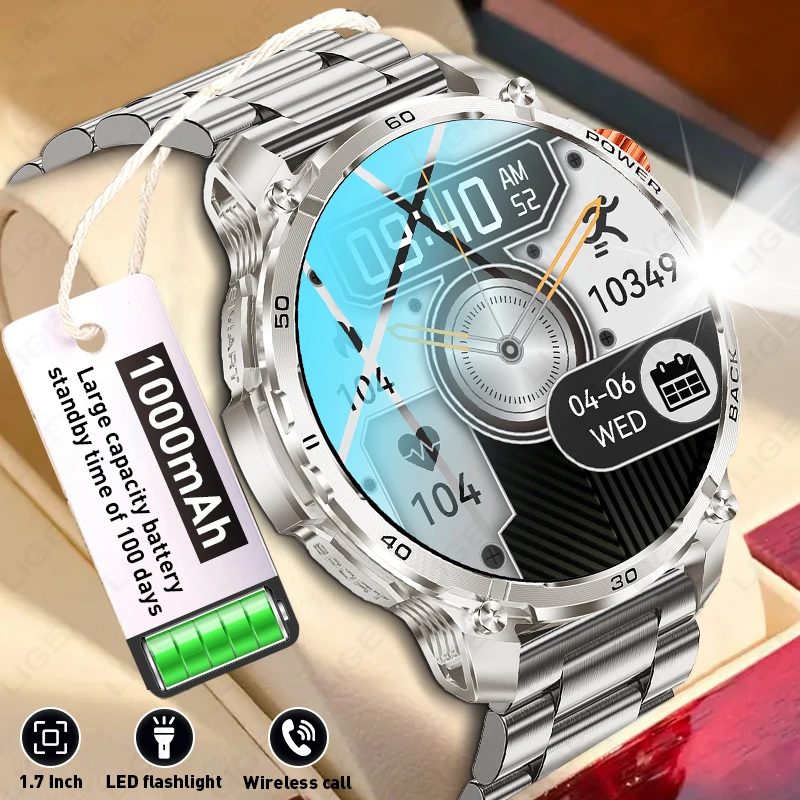 

Смарт-часы LIGE для мужчин: 1000 мАч, большой аккумулятор, прочные, с функцией SOS, мощный фонарик, водонепроницаемость IP68, звонки по Bluetooth, спортивные, военные