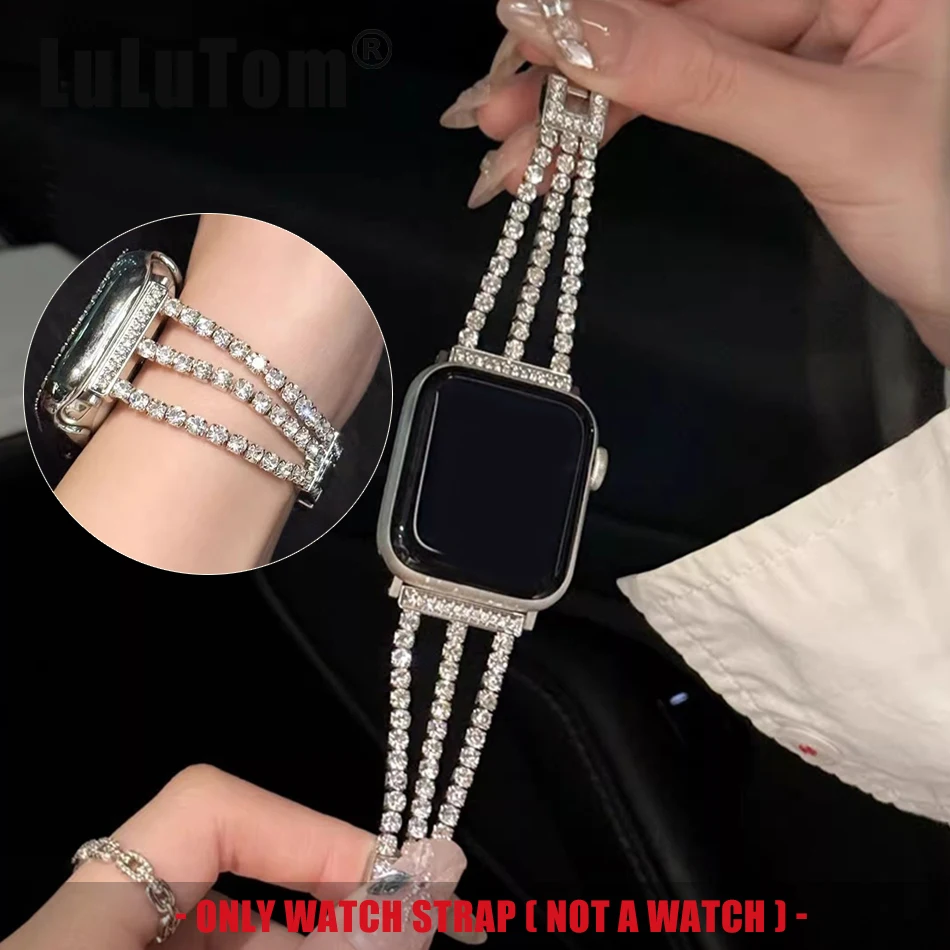 

Роскошный ремешок с тремя цепочками и бриллиантами для Apple iWatch Series 10, 9, 8, 7, 6, 5, 4, 3 SE Ultra Band 38/40/41/42/44/45/46/49 мм, металлический браслет