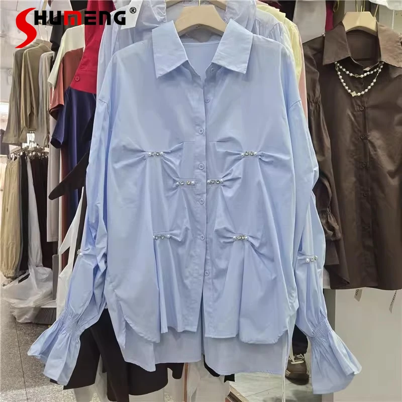 

2026 Women's Spring New Fashion Rhinestone Pleated Design Tops Male Long Sleeve Solid Color Loose Shirts Women's Trendy Shirts