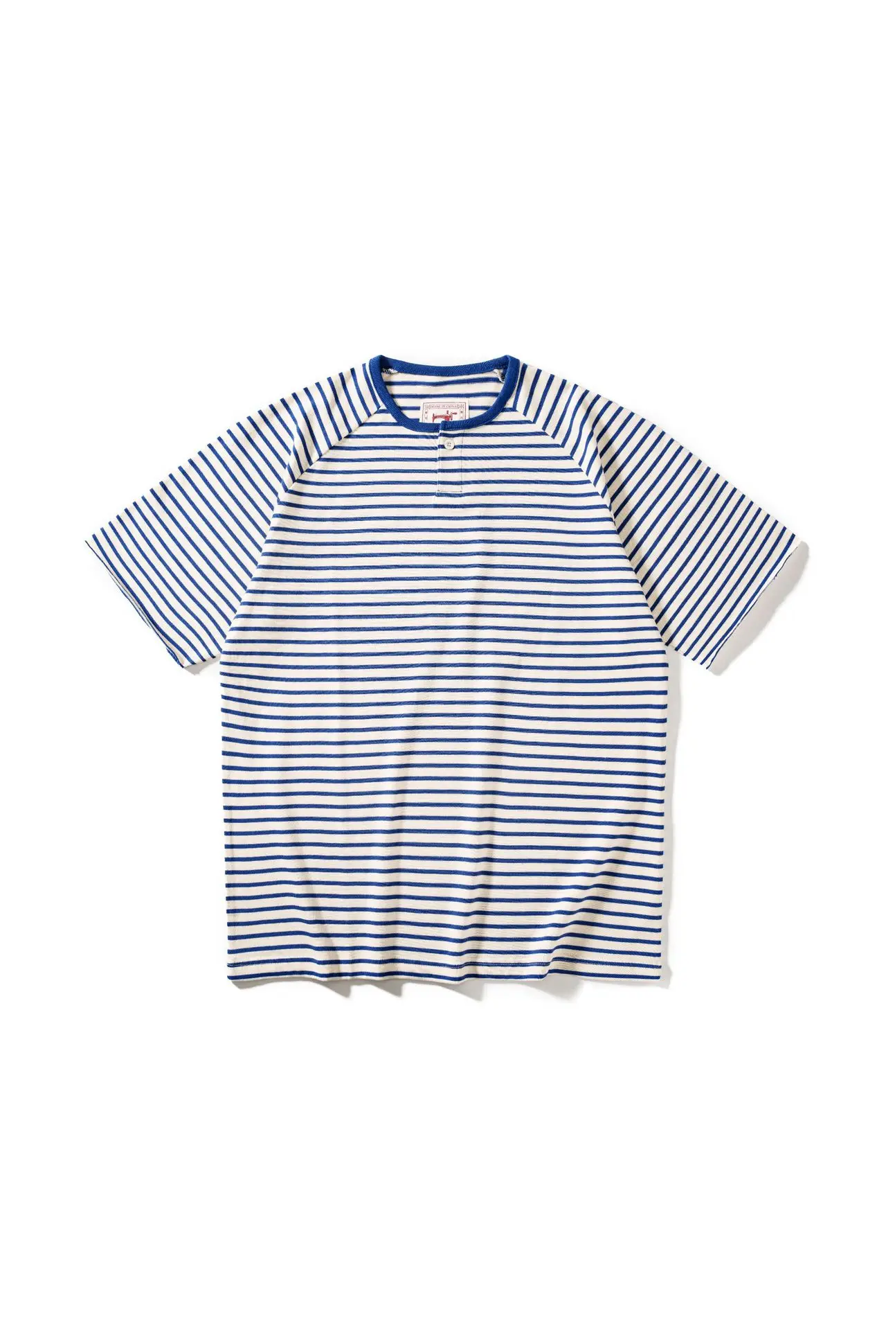 American Retro Sailor Shirt Men's Henley Collar Raglan Striped Short-Sleeved T-Shirt Summer Niche Design Curled T-Shirt