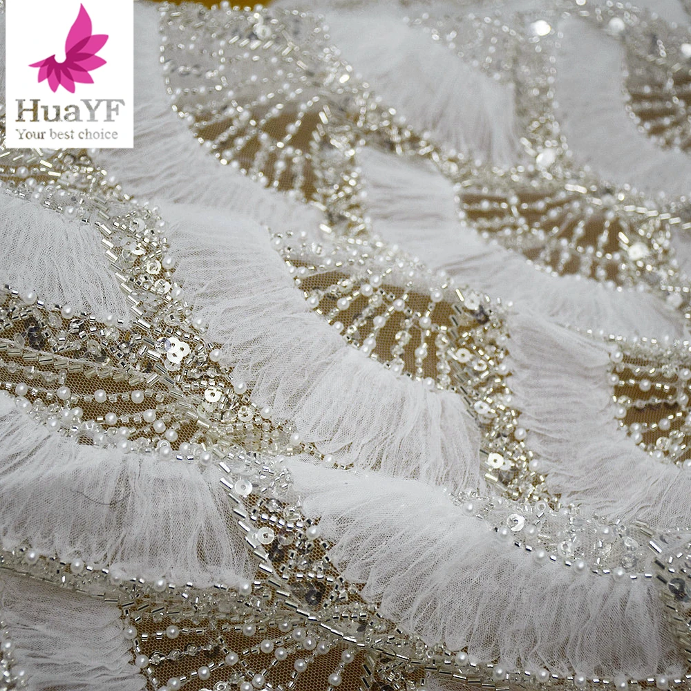1 Yard Dubai 2024 New Coiling Embroidery Silver-White Sequined Lace with Beads Pearl Lady Clothing fabric HY2732