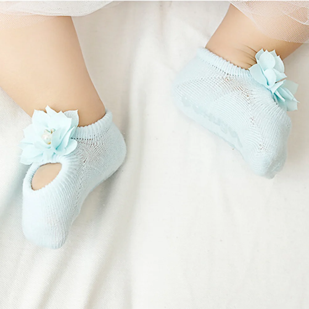 1Pair Non-Slip Kids Socks for Girl Toddler Newborn Infant Anti Lace Flower Bow Tie Floor Socks Sky Blue Random Style Comfortable