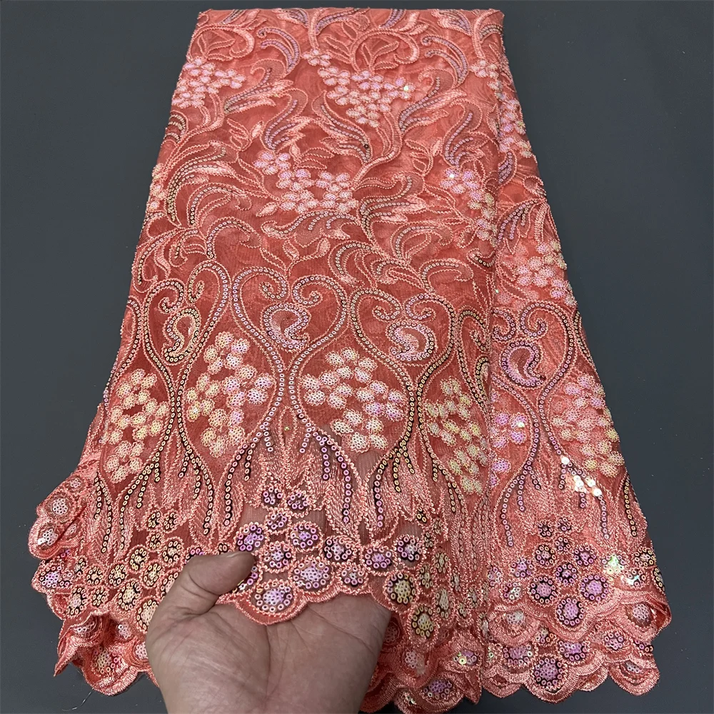 

2025 , African Nigerian,High Quality Tulle Lace Fabric Sequins Embroidery French Guipure Wedding Party Dress Beads 5Yards Z0388