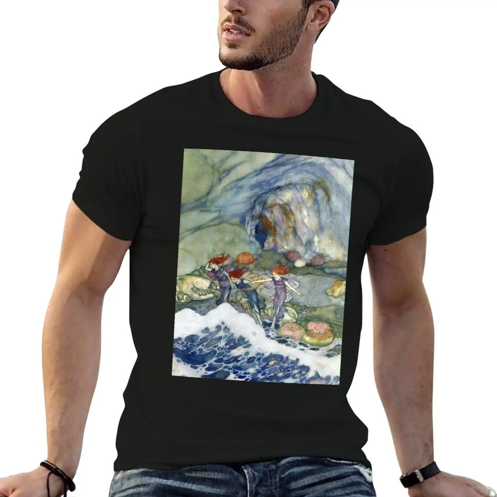 

Mermaid Cave - The Tempest - Edmund Dulac T-Shirt cotton t shirts high quality t shirts for man graphic vintage T-Shirt