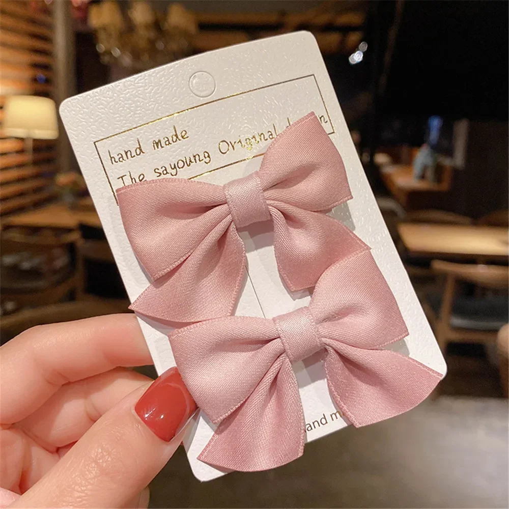 2Pcs/Set Hair Clips Solid Color Grosgrain Ribbon Bowknot Baby Hair Pins Bangs Barrettes Photo Props Gifts