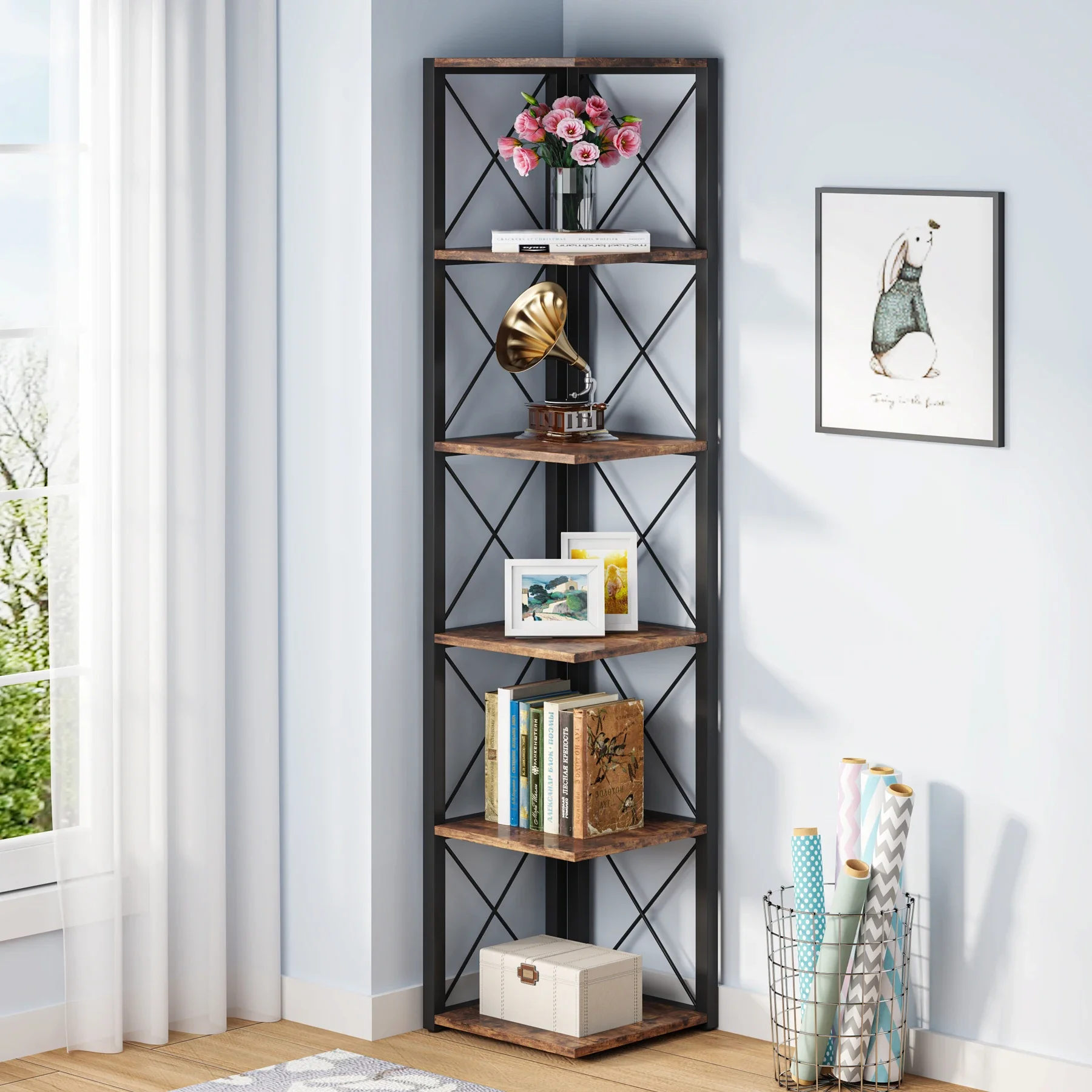 Tribesigns 6-Tier Corner Shelf, 70.8 Inch Tall Rustic Bookshelf Storage Etagere Bookcase for Living Room, Corner Display Rack