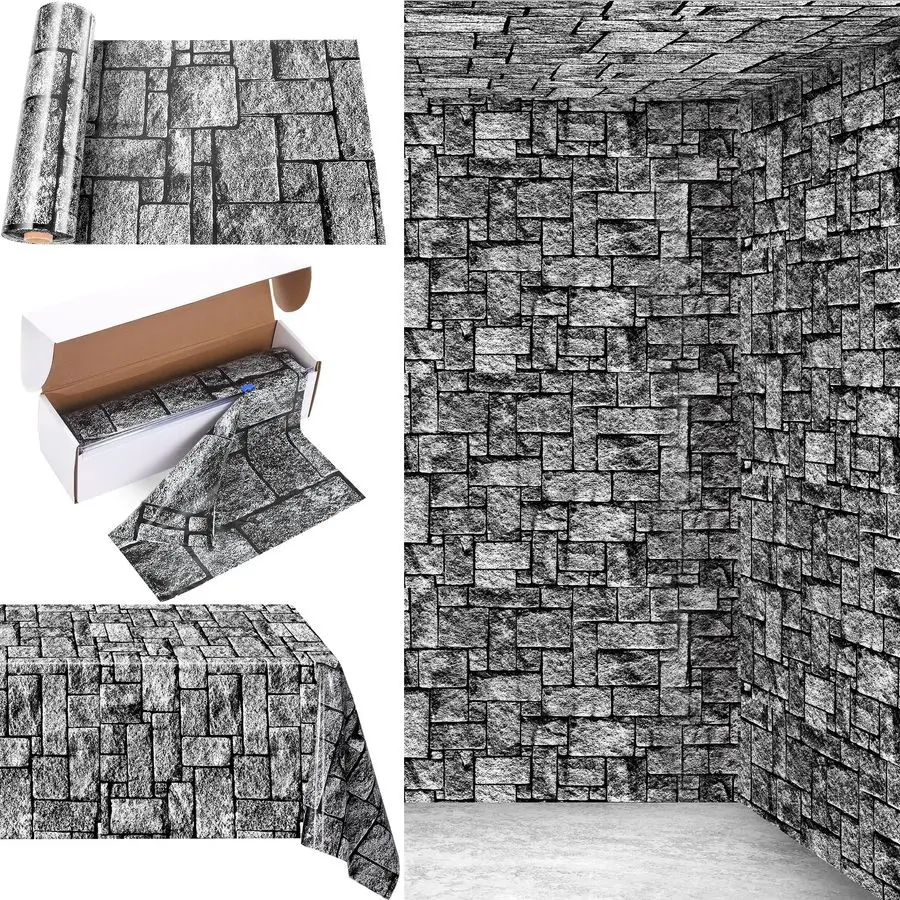 

Рулон одноразовой пластиковой скатерти-пленки 200 футов x 54 дюйма с резаком в коробке, имитирующий каменную кладку, средневековый кирпичный пол и стены, фон для фотосъемки