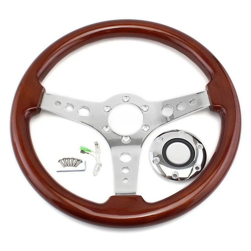 Universal 14 Inch 350MM Solid Wood True Peach Wood Quick Release Steering Wheel Retro Sports Racing Steering Wheel Accessories