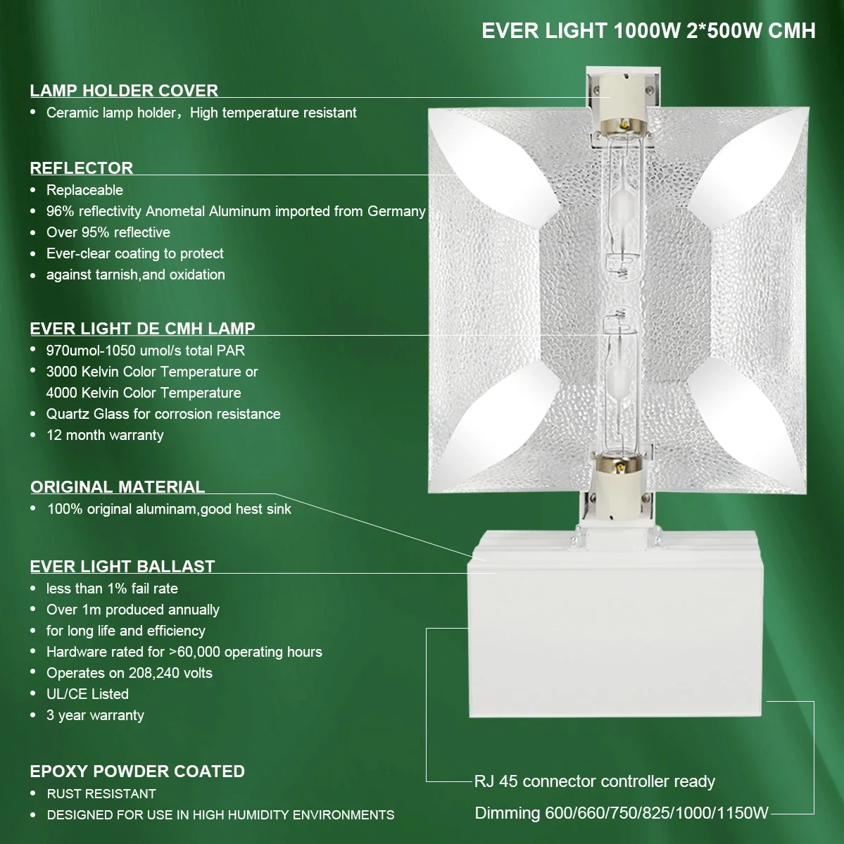 Hydroponic 1000W Reflector CMH Lamp Grow Light Ballast Kit Double Ended Fixture