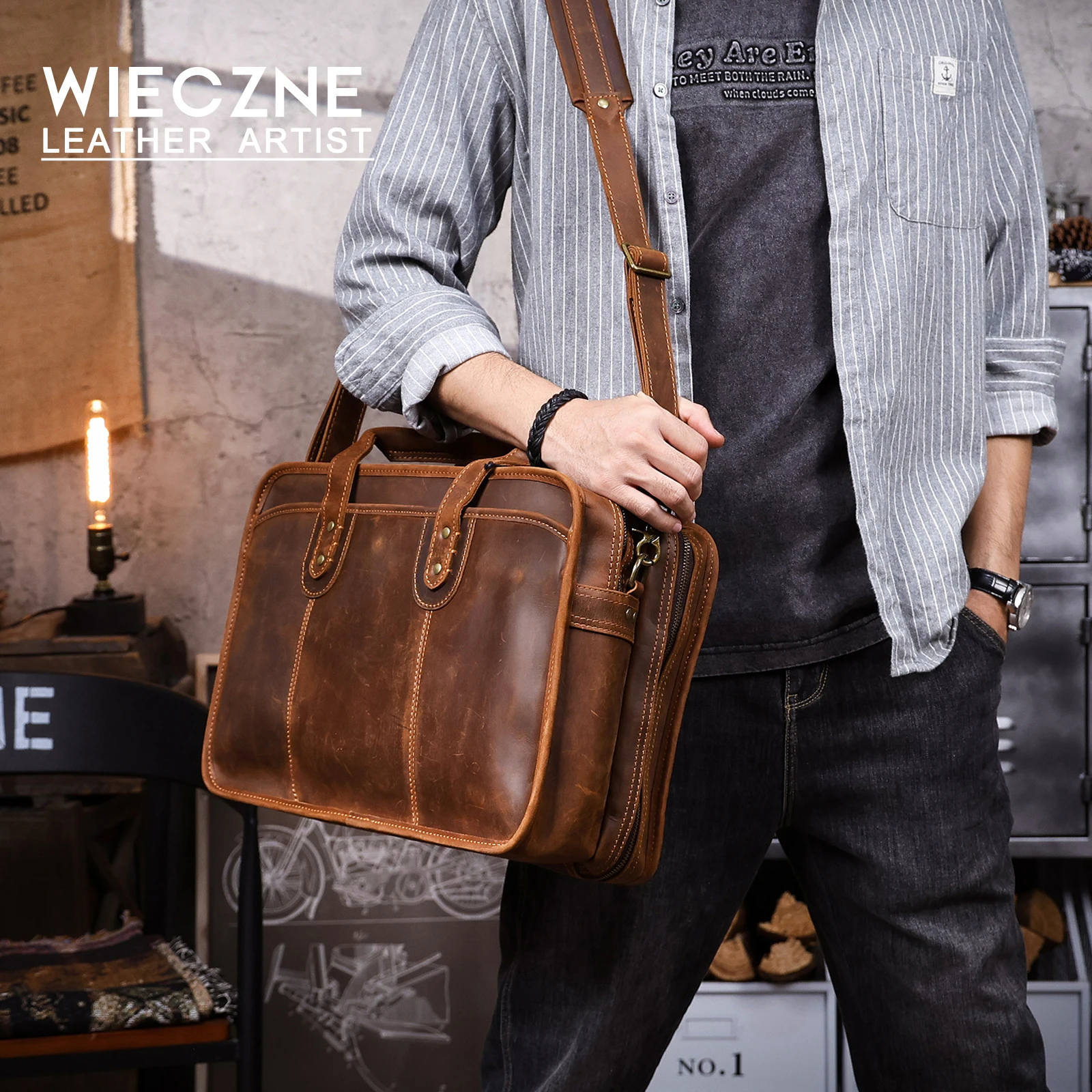 S.WORKER Neues Design Vintage Echtleder Herren-Aktentasche Laptop-Tasche Große Kapazität Rindsleder Business-Tragetasche Handtasche für Männer – Detail 2