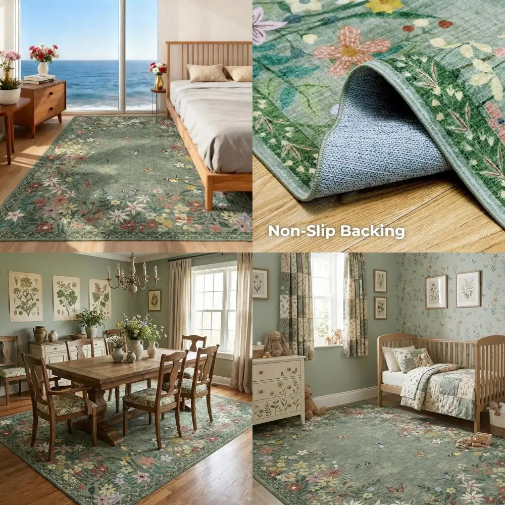 Green Floral Area Rug 4x6, Lightweight Non-Slip, Washable Boho Design for Living and Dining Rooms