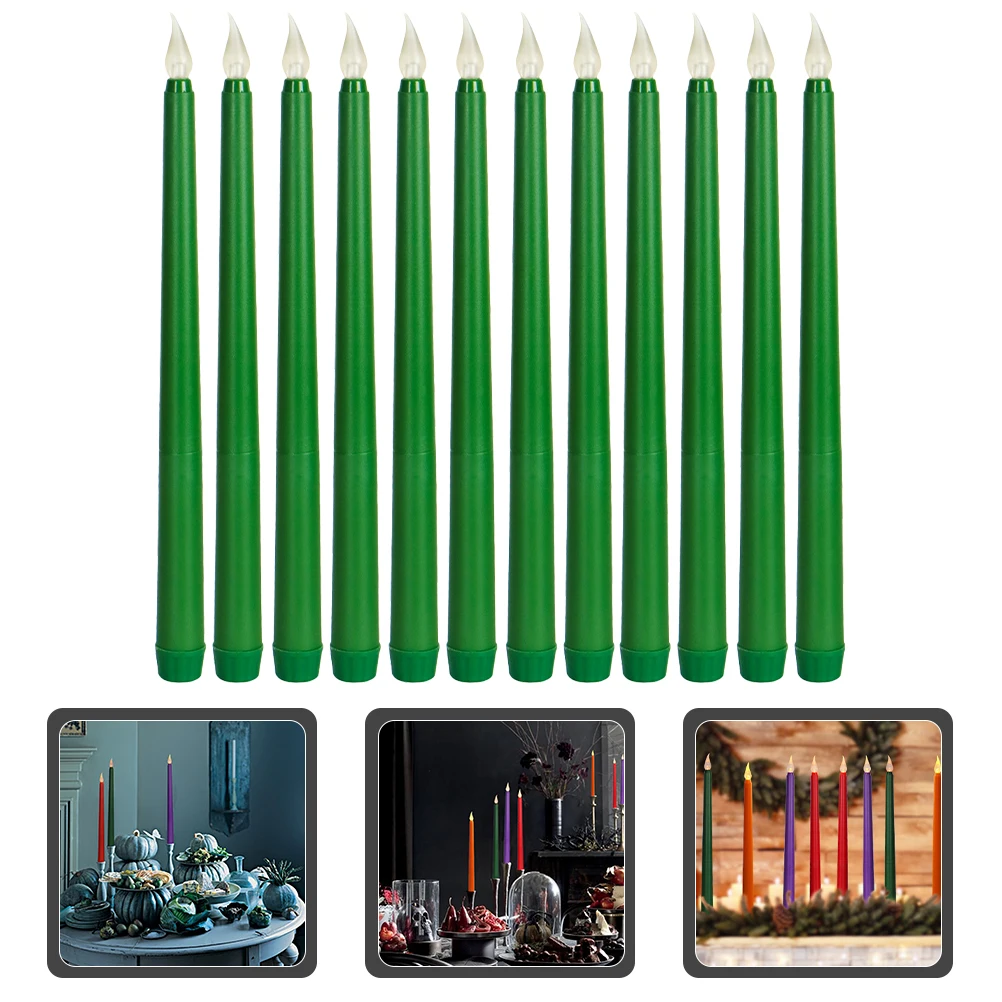 

12pcs Taper Electronic Led Candles Flameless Operated Flickering Green Plastic PP Home Decor Party Wedding