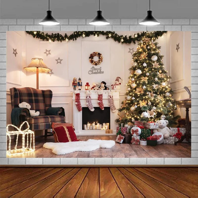 

Christmas Photography Backdrop Christmas Tree Fireplace Studio Banner Background Party Decoration Gifts Xmas Poster