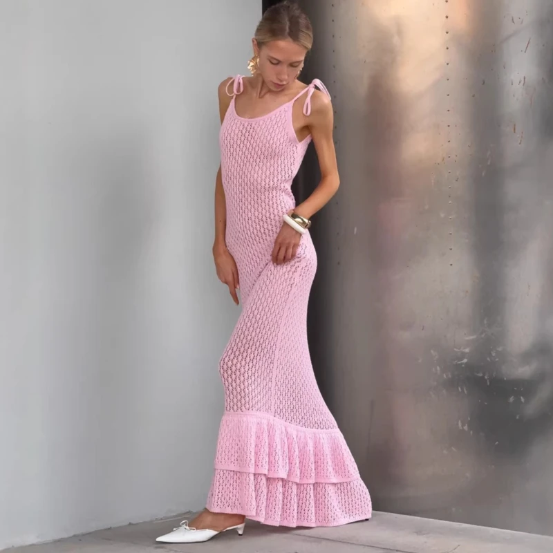 

TARUXY Sexy Straps Openwork Maxi Dress Women Summer Beach Lettuce Edge Trim Knit Cake Mermaid Dress Female Vacation Party Dress