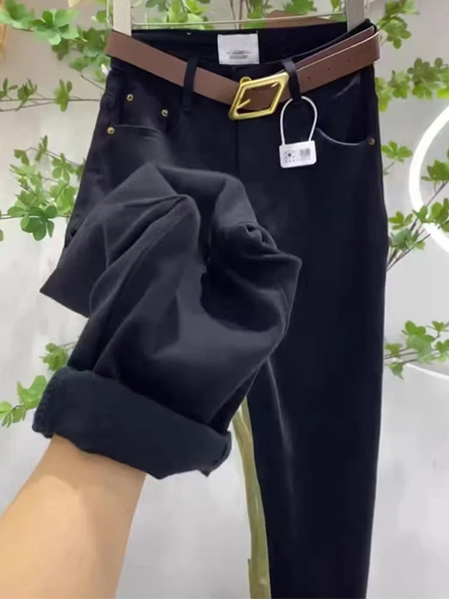 

Женские джинсы с высокой талией, прямые, эластичные, из денима, весна-осень, большие размеры, для невысоких, утягивающие, укороченные, в стиле Harlan/Dad/Carro