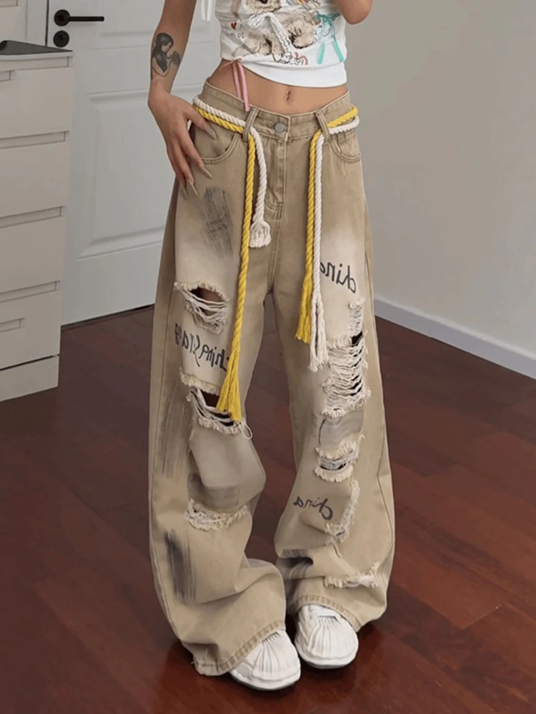 

Ретро-джинсы в американском стиле цвета хаки с дырками, женские летние, окрашенные, прямые, широкие, в пол, повседневные, с высокой талией