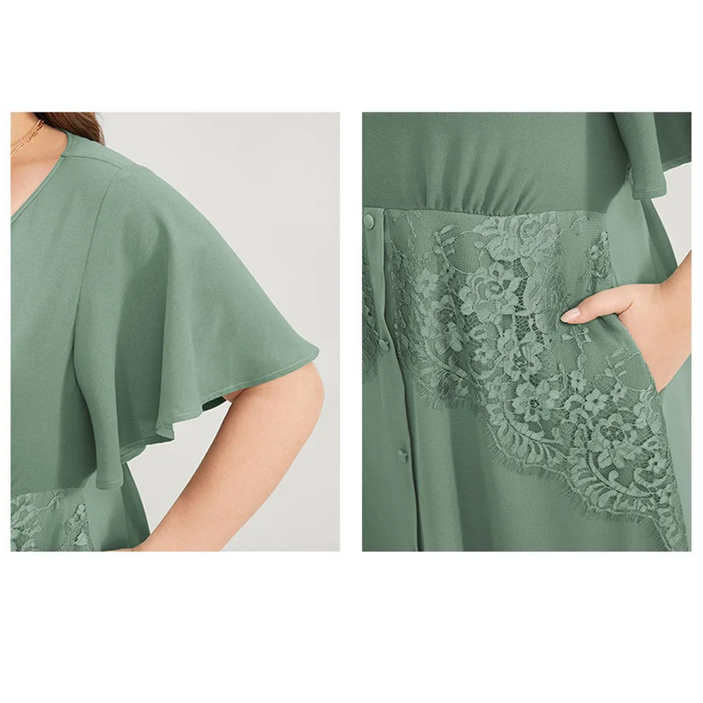 Elegant Lace Plus Size Long Dress Wome 2023 Casual Losse A-line Kintted Maxi Dress Sexy V-neck Evening Dresses Big Size Clothing