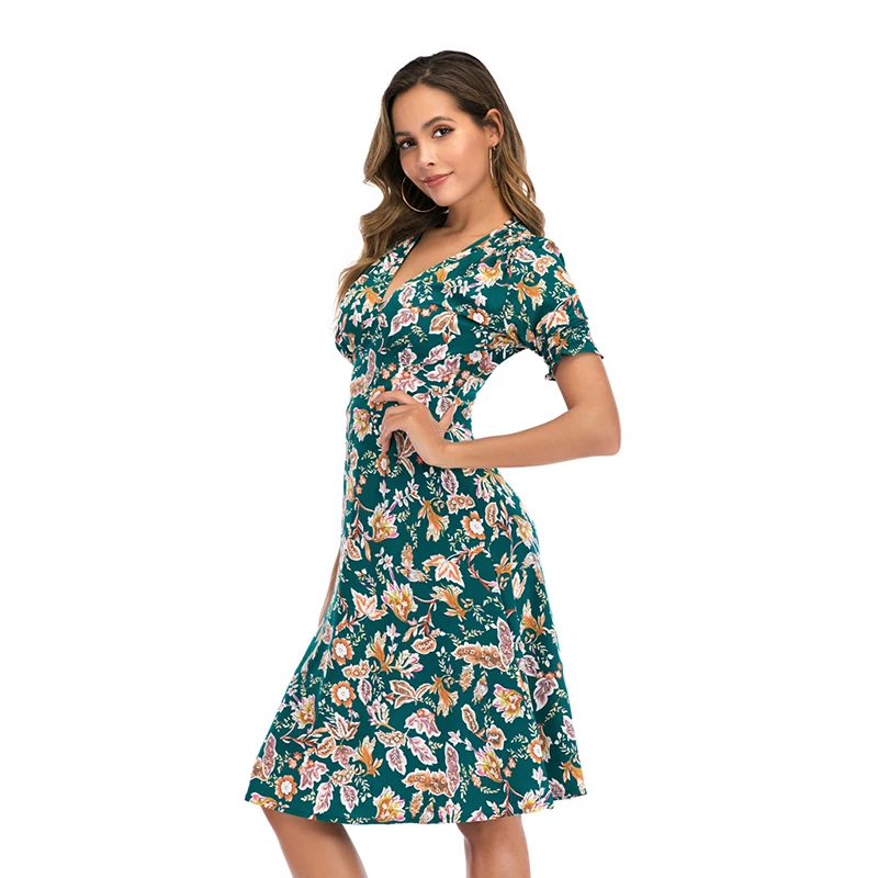 

2021 Casual Elastic Waist Dress Women Summer Dress Size Floral Print Vintage Chiffon Midi Dress