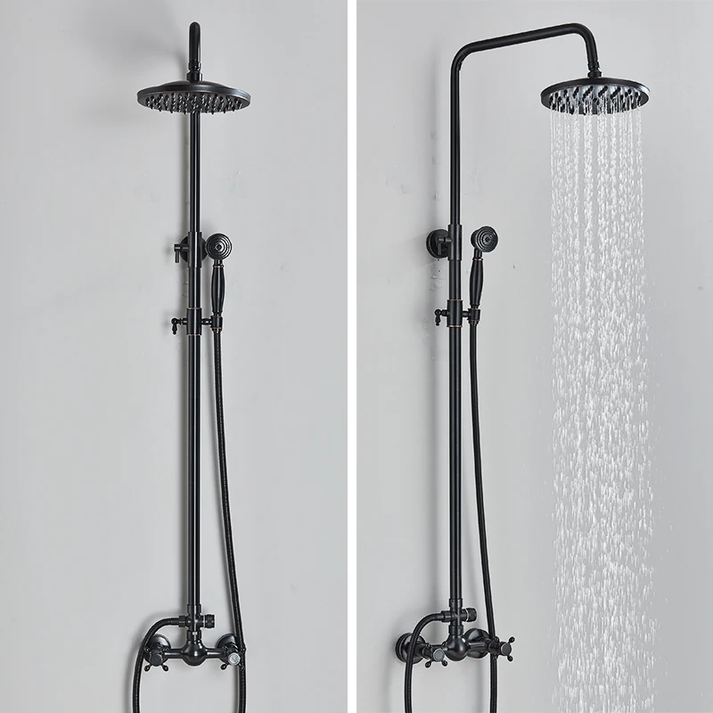 Black Bronze Bathroom Shower Faucet Rainfall Wall Mounted Dual Handle Hot Cold Water Shower Mixer Tap Set Classical Style