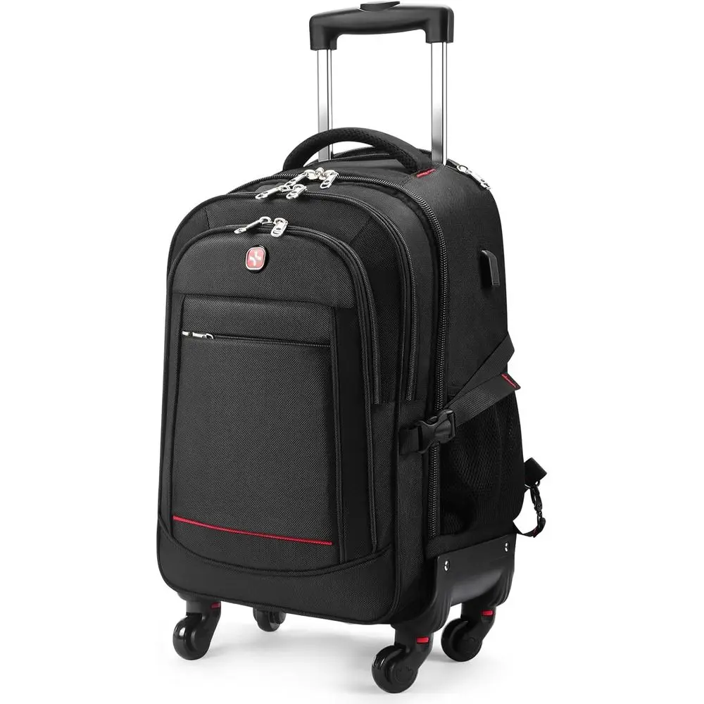 

45L 4-Wheel Rolling Backpack: 17.3 Laptop Travel Bag, Water-Resistant Carry-On Luggage, Airline Approved Suitcase for Commuting