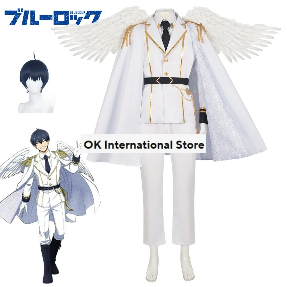 New Anime Cosplay Blue Lock Anime Exhibition Isagi Bachira Cosplay Costume Wig Rose Net White Uniform Wings Cloak Set