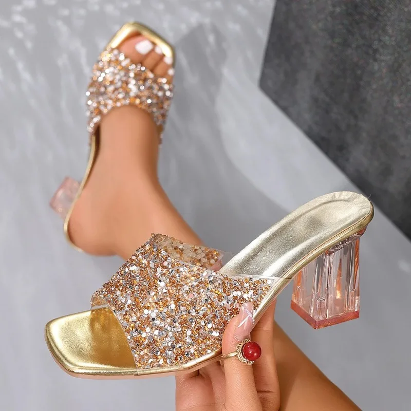

Women's Slippers Luxury Rhinestone Thick Heel Sandals Transparent High Heels Sandals Fashion Crystal Banquet High-heeled Slipper