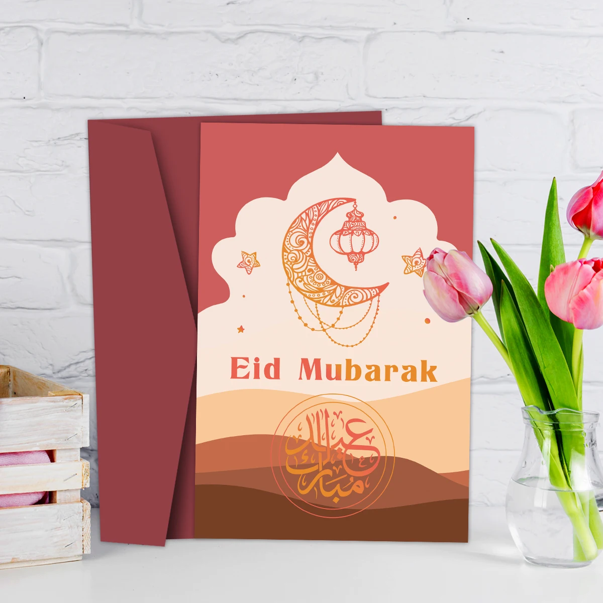 1 Stück Eid Mubarak Grußkarte mit Umschlag für Freunde, Familie, Kollegen, Islamische Ramadan-Karten mit Mond-Design, Muslimische Geschenkkarten