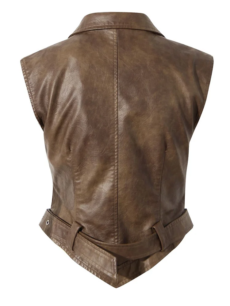 [Vibe] Coffee Pleated Belted Drawstring Leather Jacket New Lapel Long Sleeve Women Coat Fashion Tide Spring Autumn 2025