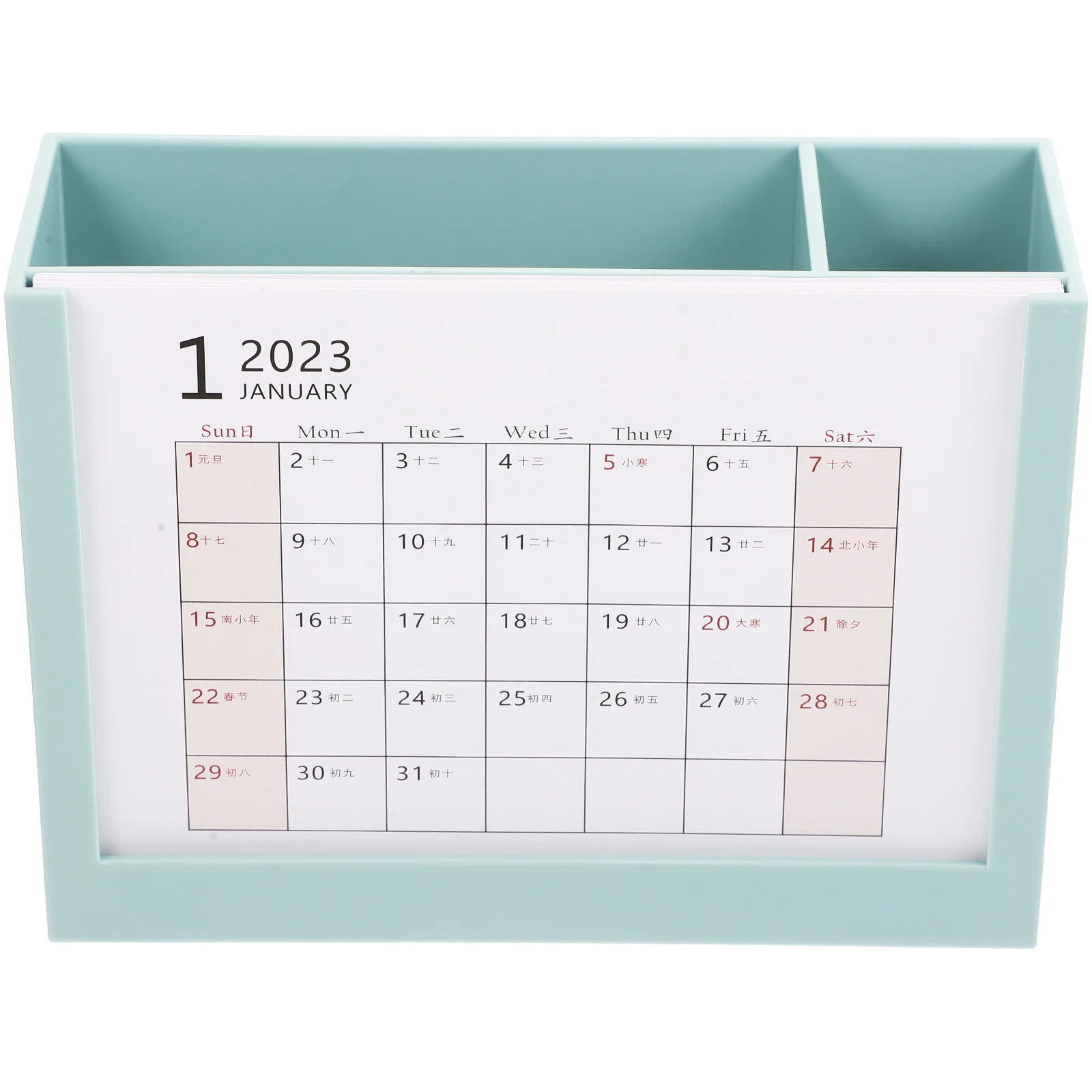 

Desktop Calendar 2023 with Pen Holder Storage Case Multi Purpose Container for Keys Jewelry Files Simple Elegant Tabletop