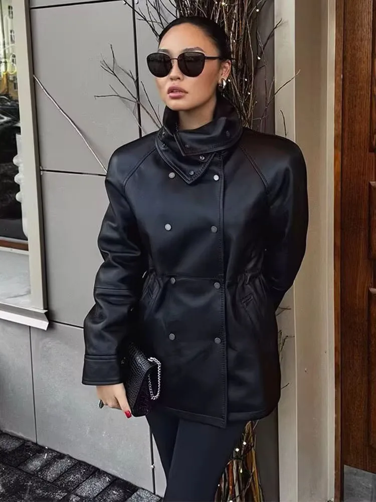 

HH New Fashion Woman's Double Breasted Stand Collar Long Sleeves Pocket Decoration Leather Jacket Female Slim Fit Leisure Coat