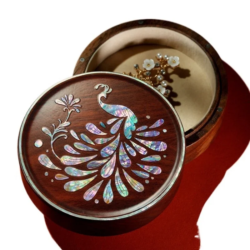 Premium Walnut Round Jewelry Box with Shell Mosaic Craft Compact for Bracelets Rings Necklaces Birthday Anniversary Gift