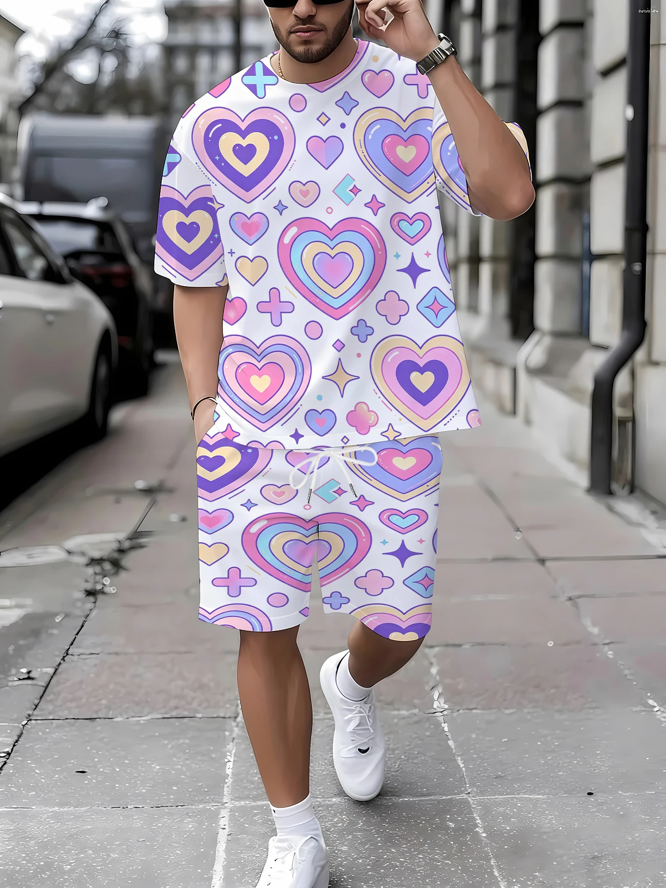 

Colorful Heart Print Men Casual Tracksuit 2PCS Summer Short Sleeve T-Shirt+Shorts Set
