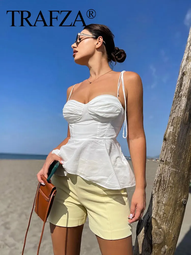 

TRAFZA 2025 Women Fashion Sexy Solid Side Zipper Corset Style Sling Top Female Elegant Sleeveless Backless Pleated Short Top