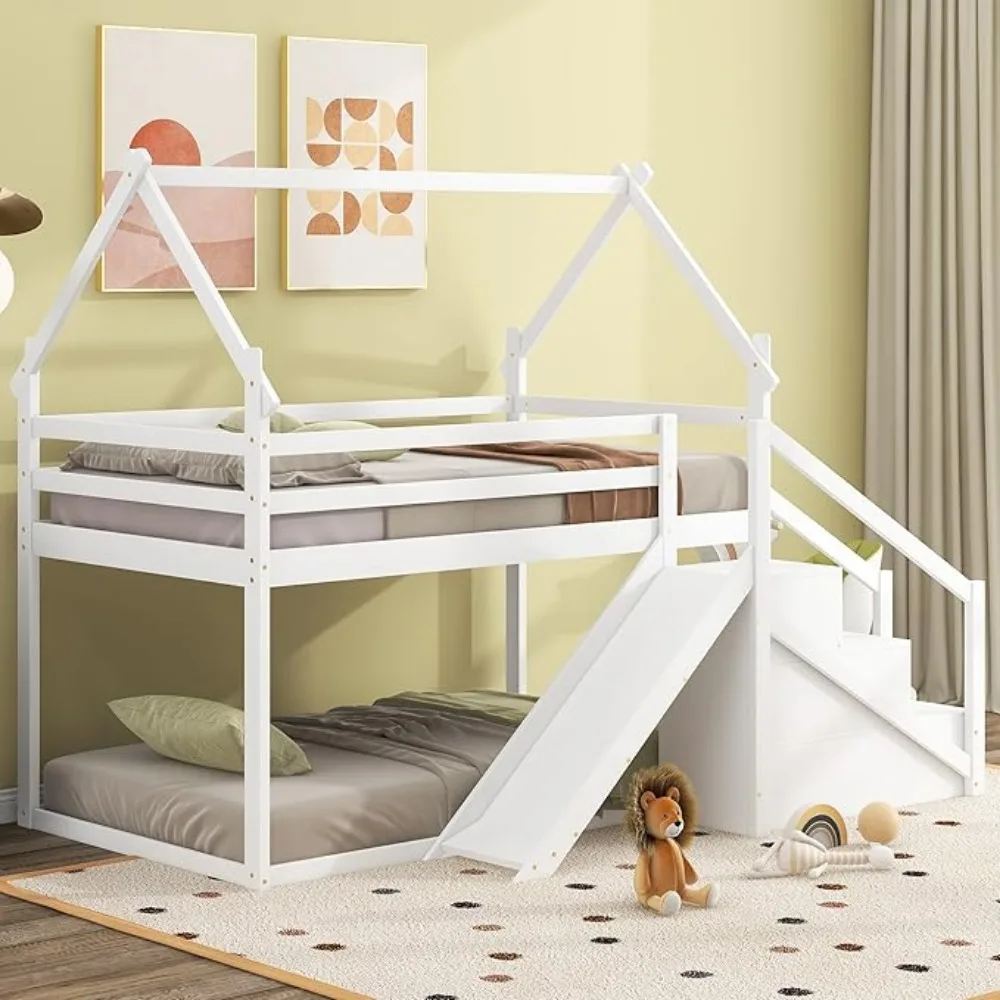 

Twin Over Twin House Bunk Bed with Slide and Staircase, Solid Wood Loft/Bunk Bed Frame with Safety Guardrails for Kids